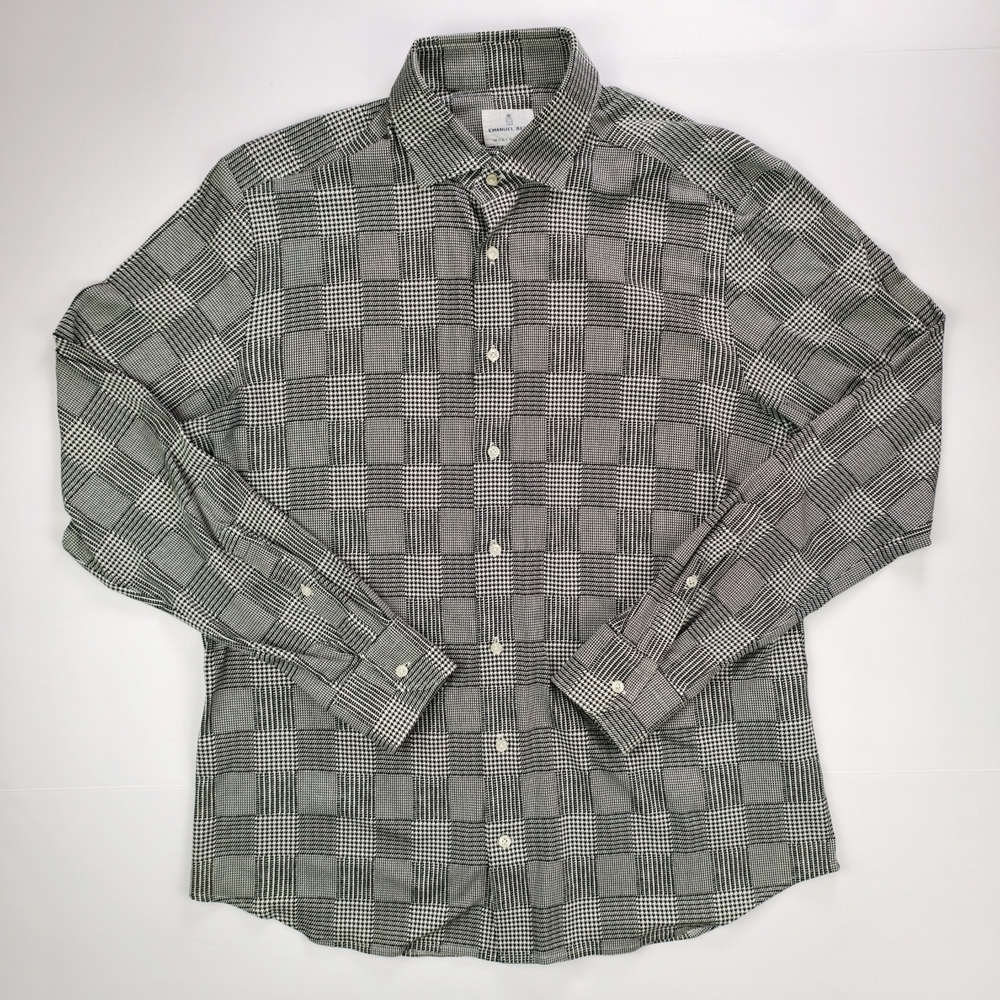 Emanuel Berg Modern Fit Mens L Check Shirt Black White Houndstooth Premium